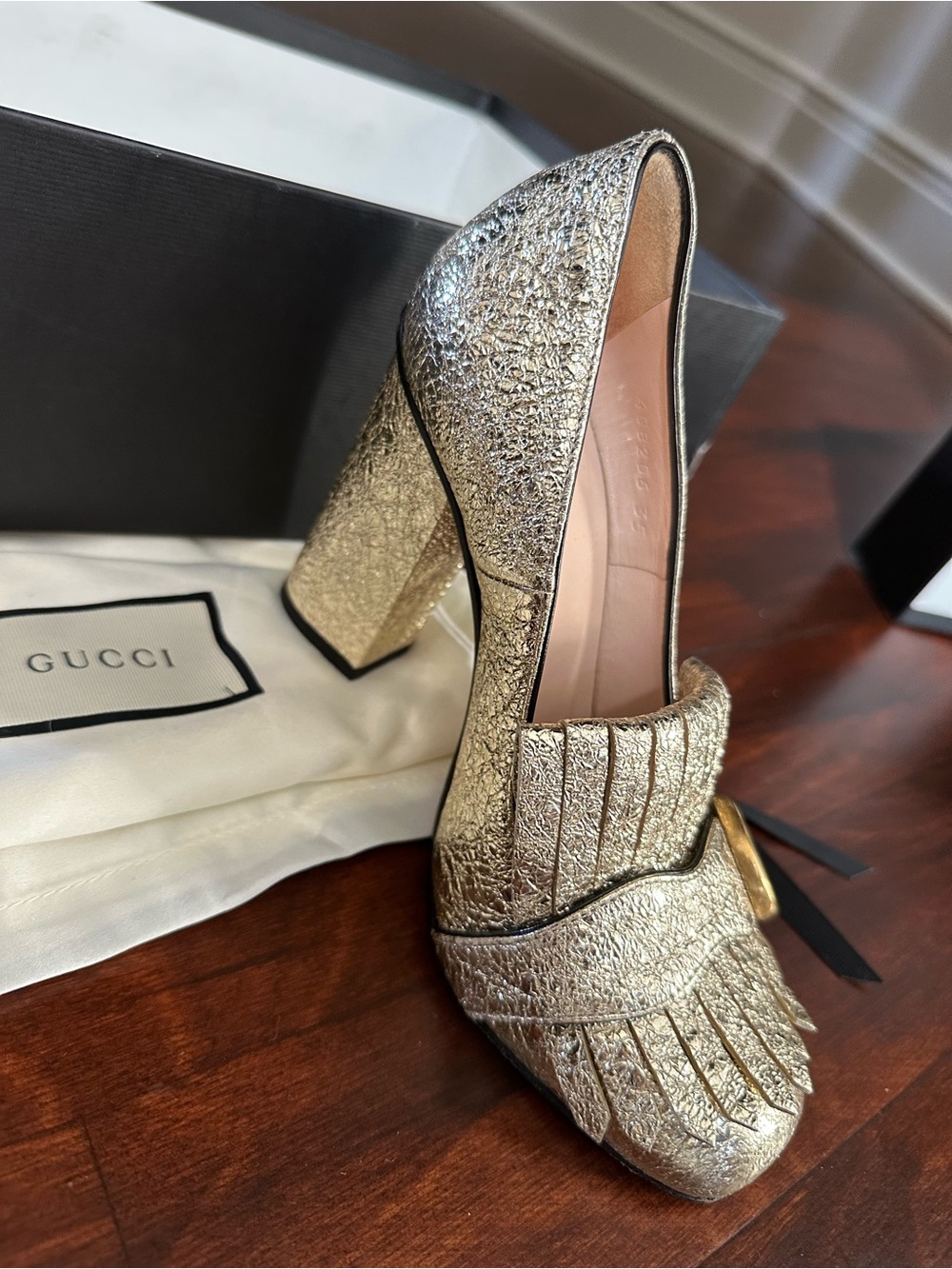 Gucci Gold Glitter Fringe Heeled Loafers with Double G - Picture 9 of 10